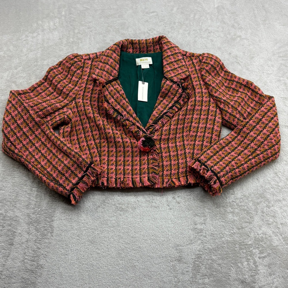 Maeve Tweed Blazer Women 4 Pink Houndstooth Fringed Metallic Cropped Jacket Twee